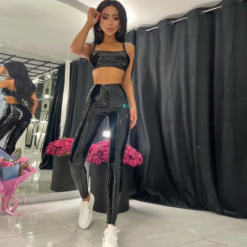 Summer New Solid Color Sleeveless Pu Leather Two Peice Set Backless Vest Trousers Two-piece Skinny Suit For Women 
Summer New Solid Color Sleeveless Pu Leather Two Peice Set Backless Vest Trousers Two-piece Skinny Suit For Women