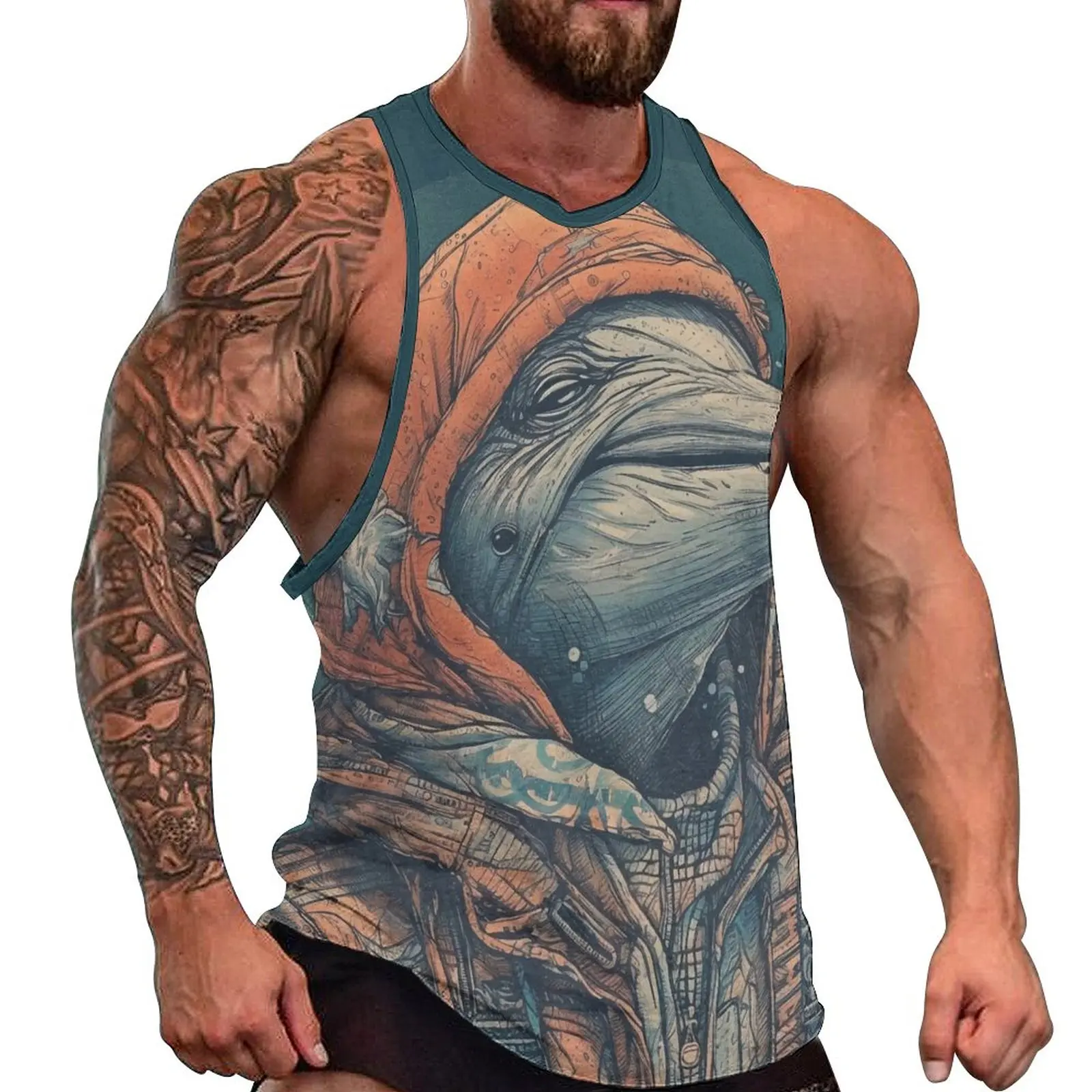 

Dolphin Tank Top Pop Caricatures Illustration Sportswear Tops Summer Gym Men Pattern Sleeveless Shirts Plus Size