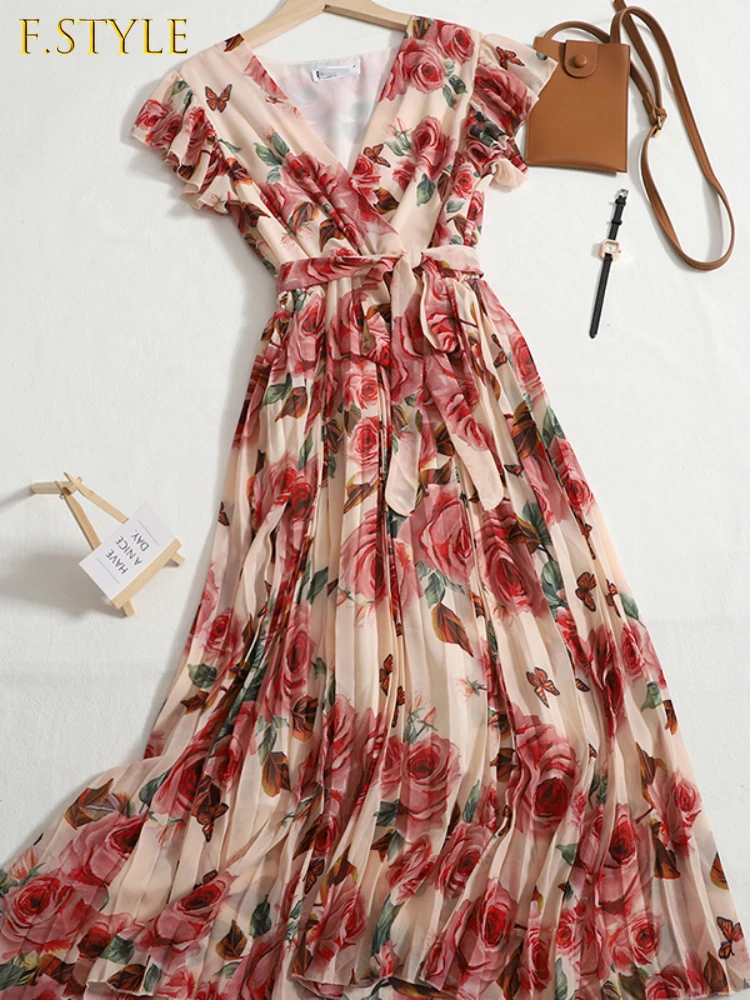 F GIRLS Temperament Floral Dress V Neck Chic Clothes Summer 2022 New Elastic Waist Ruffle Pleated Dresses Women's Fashion
F GIRLS Temperament Floral Dress V Neck Chic Clothes Summer 2022 New Elastic Waist Ruffle Pleated Dresses Women's Fashion