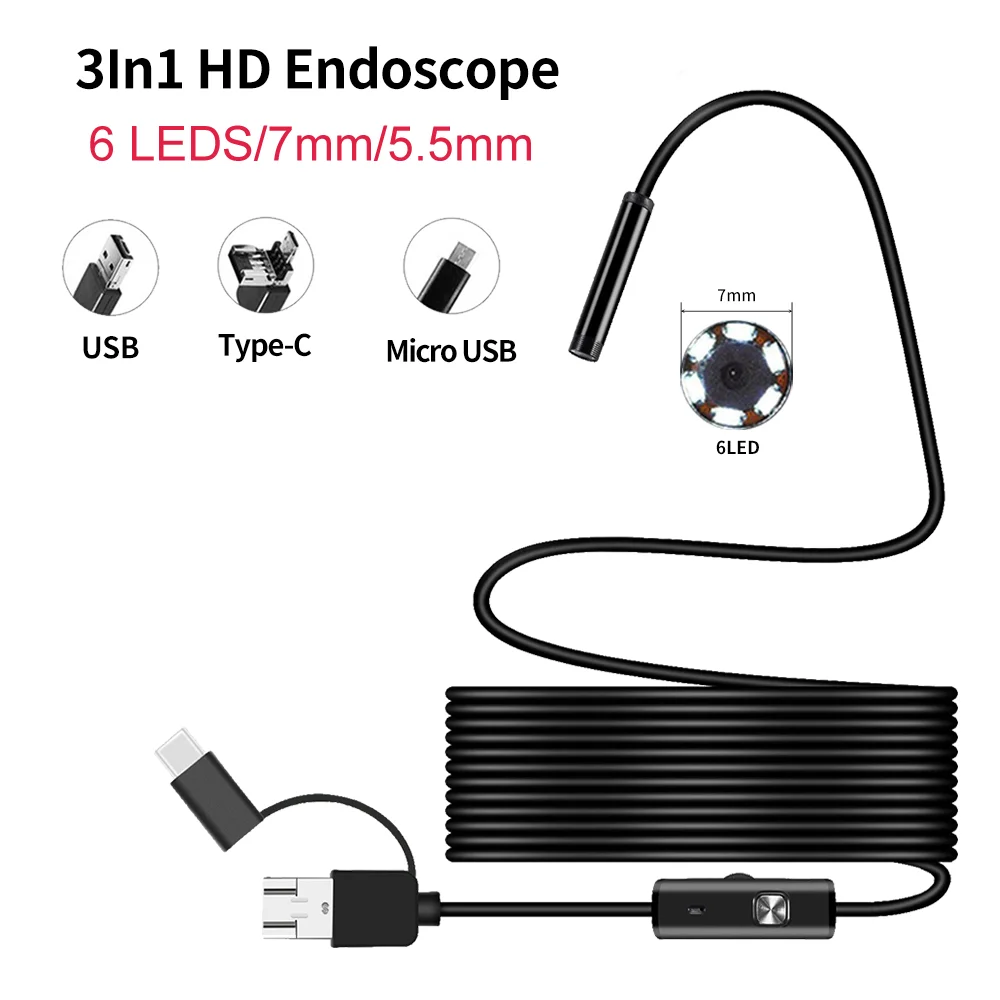 

Mini Endoscope Camera Waterproof IP67 Adjustable Soft Wire 6 LEDS 7mm Endoscope Camera for Android USB Inspection Camea for Car