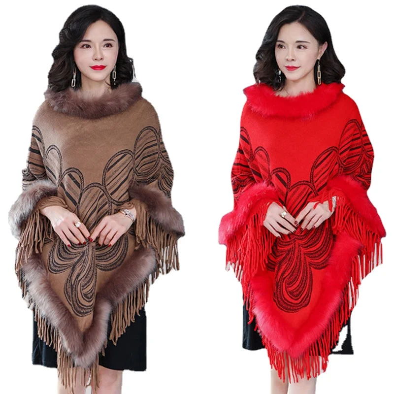 

2023 New Winter Warm fur red Capes cloak& Ponchos for Women Oversized Shawls Wraps Cashmere Pashmina Female Tassel Mujer