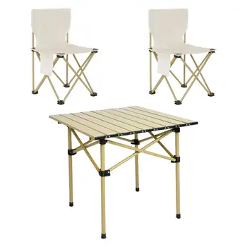Camping Folding Table Chairs Set with 2 Stools Portable Beach Table Lightweight Side Table for Yard Garden Patio Backpacking BBQ