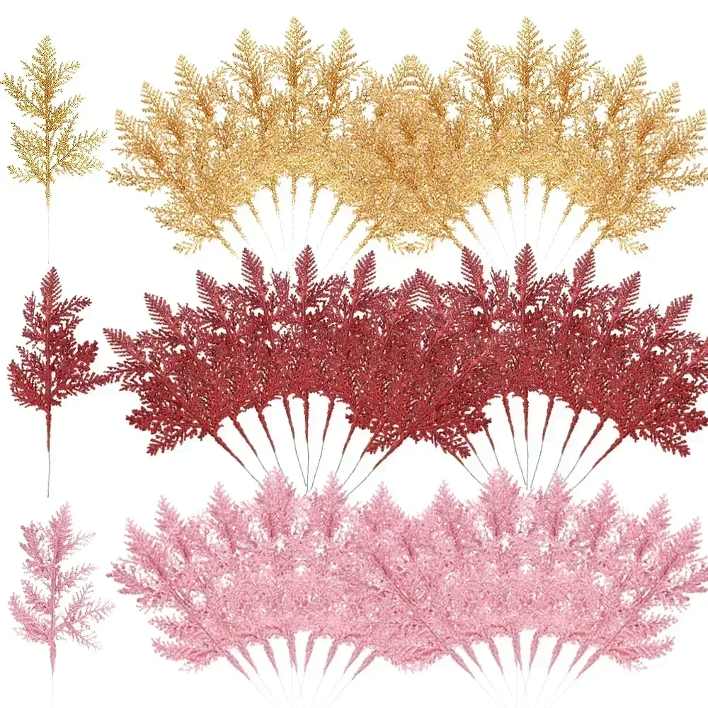 

5Pcs Christmas Artificial Pine Leaves Branches Gold Simulated Plants Glitter Garland Xmas Tree Ornament Home New Year Decoration