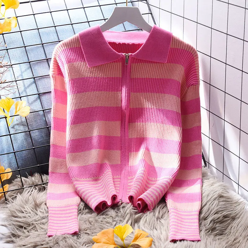 Spring Autumn New Women's Striped Zipper Turn Down Collar Knitted Sweater Cardigan Casual Loose Twisted Sweater Lady Coat D43
Spring Autumn New Women's Striped Zipper Turn Down Collar Knitted Sweater Cardigan Casual Loose Twisted Sweater Lady Coat D43