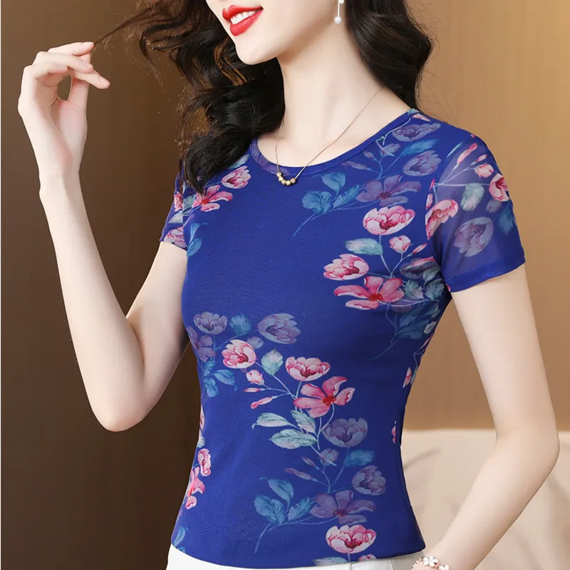 #6947 Flower Printed Mesh Blue T Shirt Women Thin O-neck Stretch Skinny T-shirt Short Sleeve Vintage Women's T-shirt Summer 2023 
#6947 Flower Printed Mesh Blue T Shirt Women Thin O-neck Stretch Skinny T-shirt Short Sleeve Vintage Women's T-shirt Summer 2023