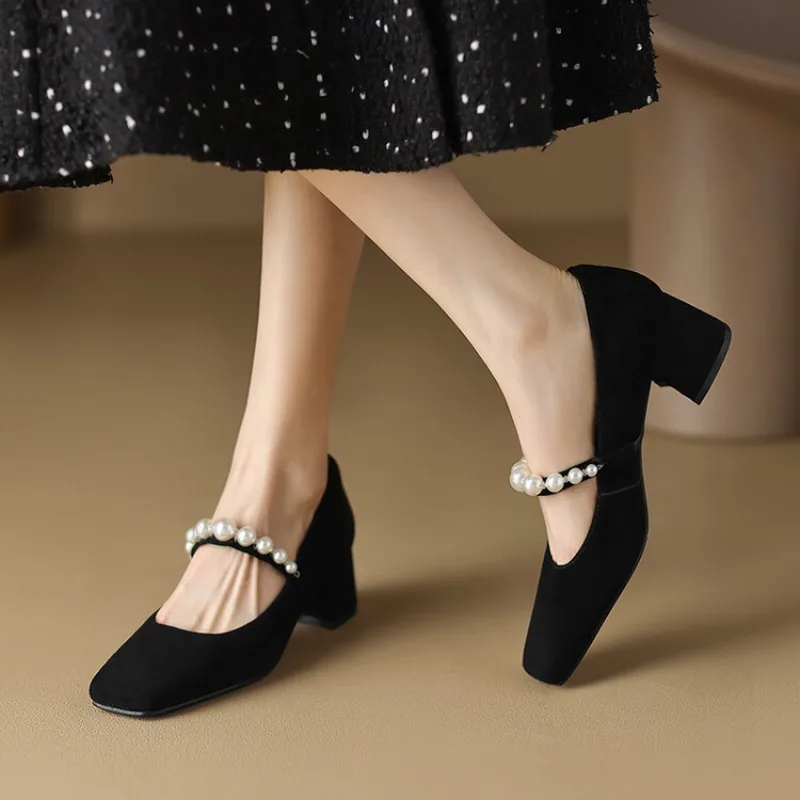 

Женские туфли с квадратным носком BCEBYL, летняя однотонная модная женская обувь на толстом каблуке с украшением из жемчуга, пикантные элегантные удобные повседневные туфли на низком каблуке