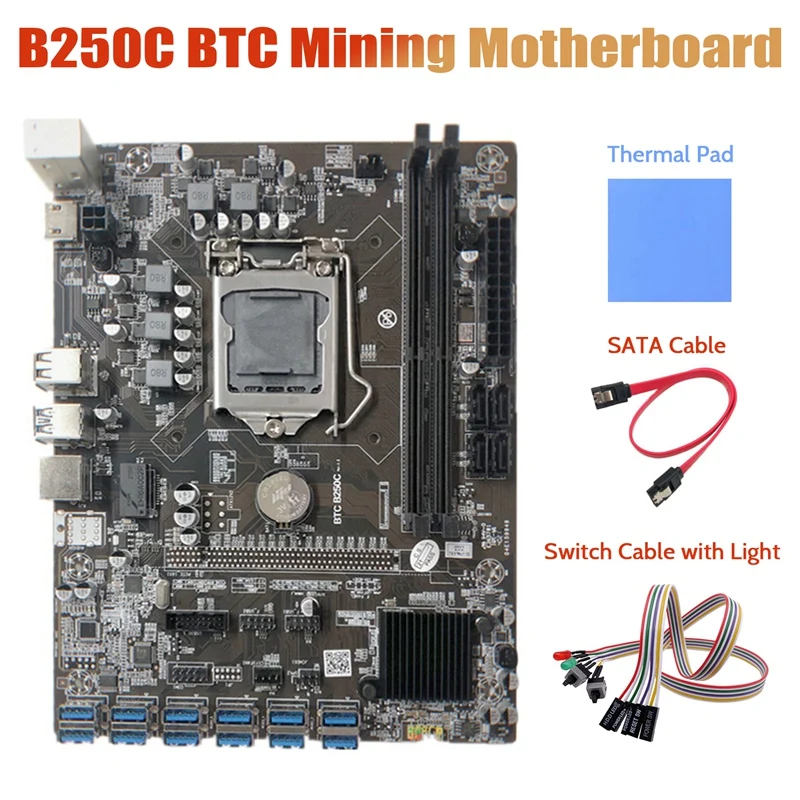 B250C Miner Motherboard+Dual Switch Cable With Light+Thermal Pad+SATA Cable 12 PCIE To USB3.0 Graphics Card Slot LGA1151
B250C Miner Motherboard+Dual Switch Cable With Light+Thermal Pad+SATA Cable 12 PCIE To USB3.0 Graphics Card Slot LGA1151