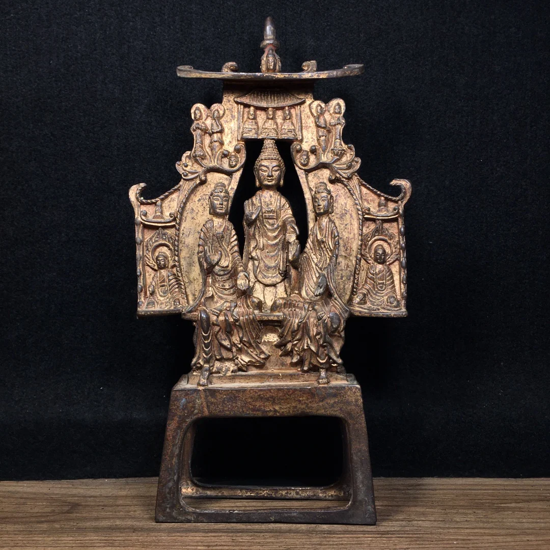 

12"Tibetan Temple Collection Old Bronze Cinnabar Gilt Northern Wei Buddha Sakyamuni Buddha Worship Hall Town House Exorcism