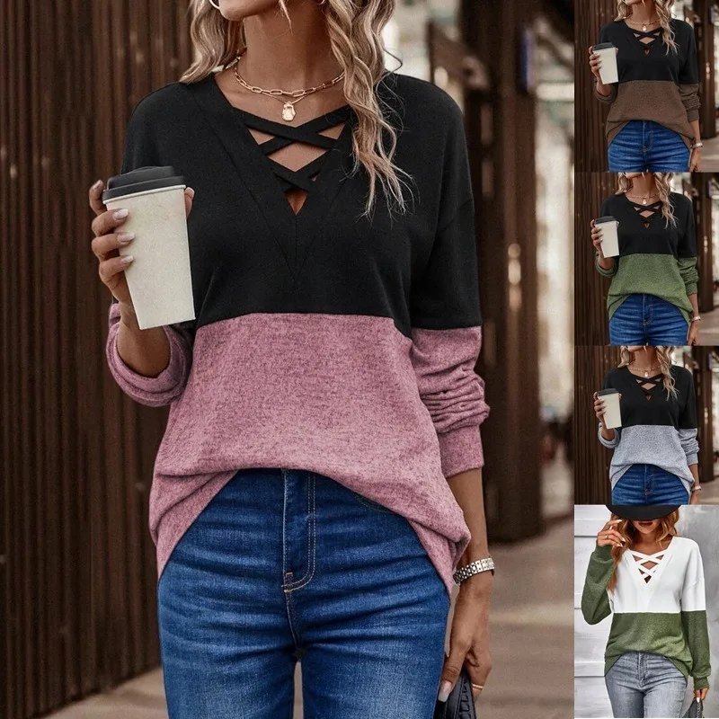 Autumn and Winter New Women's Top V-neck Cross Contrast Panel Drop Shoulder Long Sleeve T-shirt
Autumn and Winter New Women's Top V-neck Cross Contrast Panel Drop Shoulder Long Sleeve T-shirt