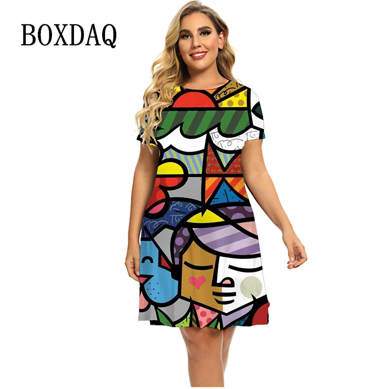 Женское свободное платье с коротким рукавом, Повседневное платье большого размера с абстрактным принтом граффити, лето 2023 
Женское свободное платье с коротким рукавом, Повседневное платье большого размера с абстрактным принтом граффити, лето 2023