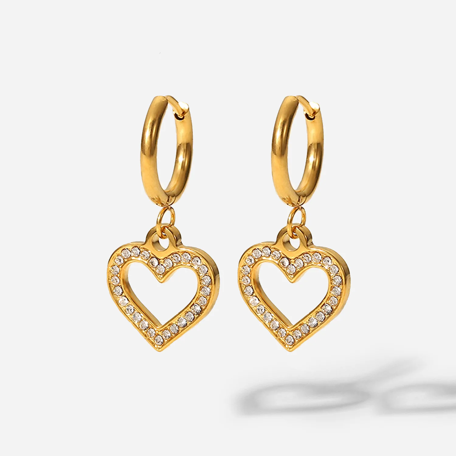

Stainless Steel PVD 18K Gold Plated Tarnish Waterproof Rhinestoned Heart Drop Earrings For Woman Jewelry Wholesale Trendy