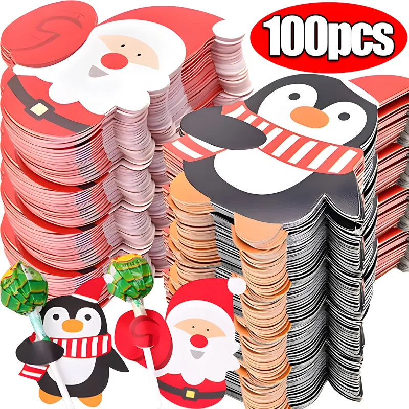

Christmas Lollipop Paper Cards Cartoon Santa Claus Penguin Snowman Kids Candy Gifts Package Wrapping New Year Party Decoration