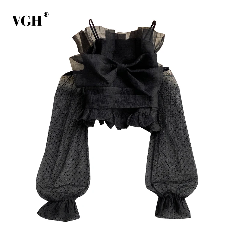 VGH Streetwear Plain Shirts For Women Strapless Loose Long Sleeve Patchwork Mesh Bow Ruffle Trim Blouses Female 2021 Summer New
VGH Streetwear Plain Shirts For Women Strapless Loose Long Sleeve Patchwork Mesh Bow Ruffle Trim Blouses Female 2021 Summer New
