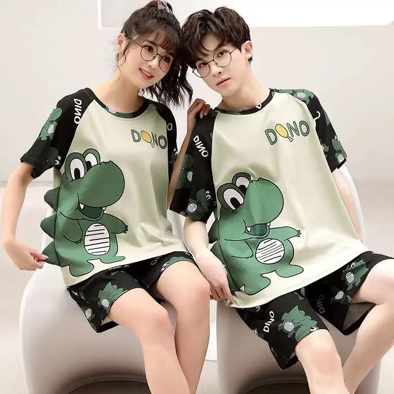 

Matching Pijama Anime Dinosaur Women Men Couple Pajamas Set Short Sleeved O Neck Party Cozy Summer Nightgowns Japan Homewear