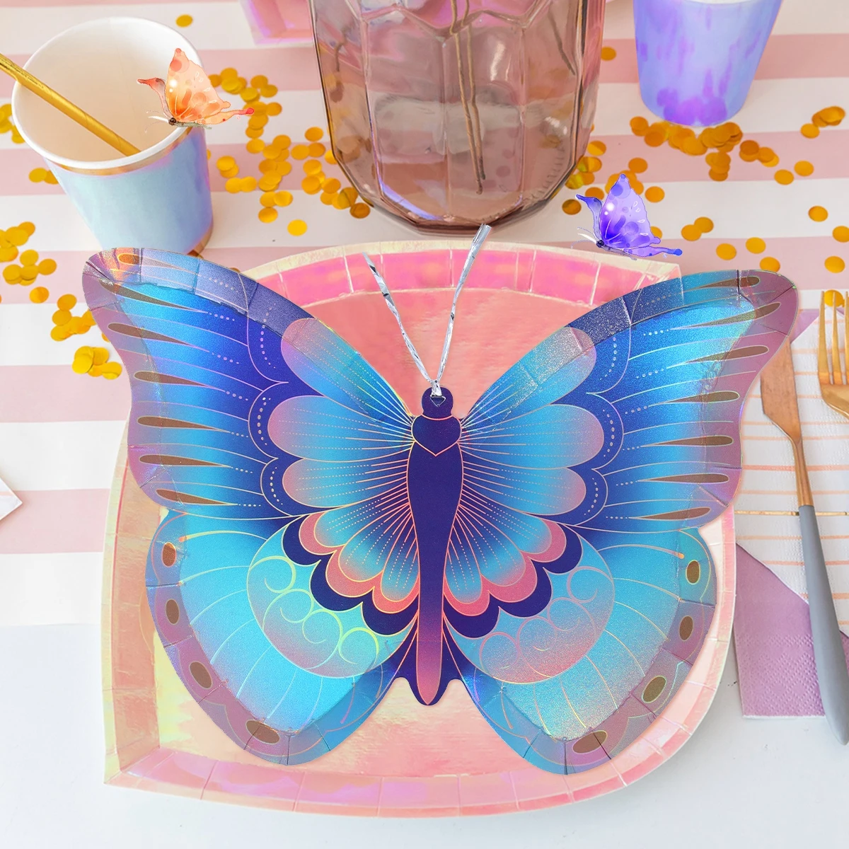 

Одноразовая посуда в форме розовой фиолетовой бабочки, бумажные тарелки для свадьбы, дня рождения, украшения для детской вечеринки