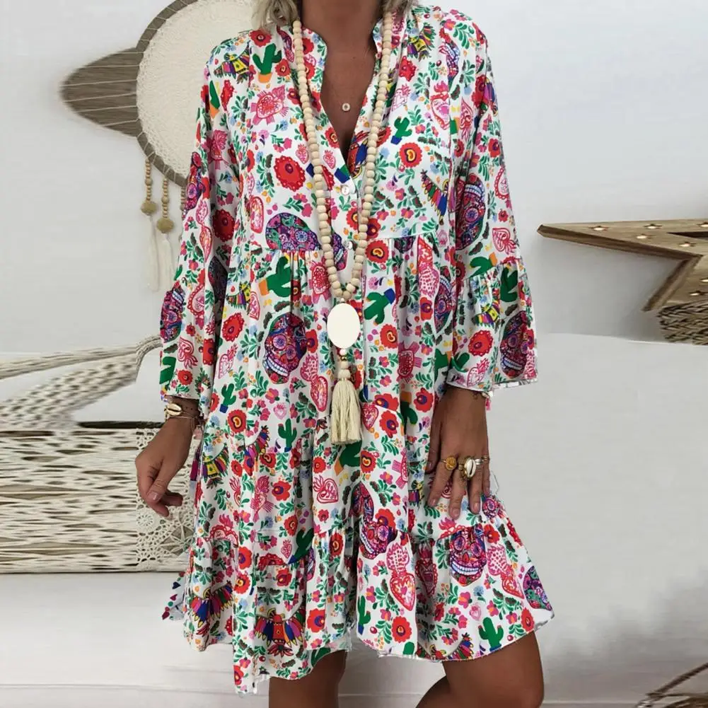 Stylish Women Dress Long Sleeve Large Hem Casual Floral Print V Neck Dress 
Stylish Women Dress Long Sleeve Large Hem Casual Floral Print V Neck Dress