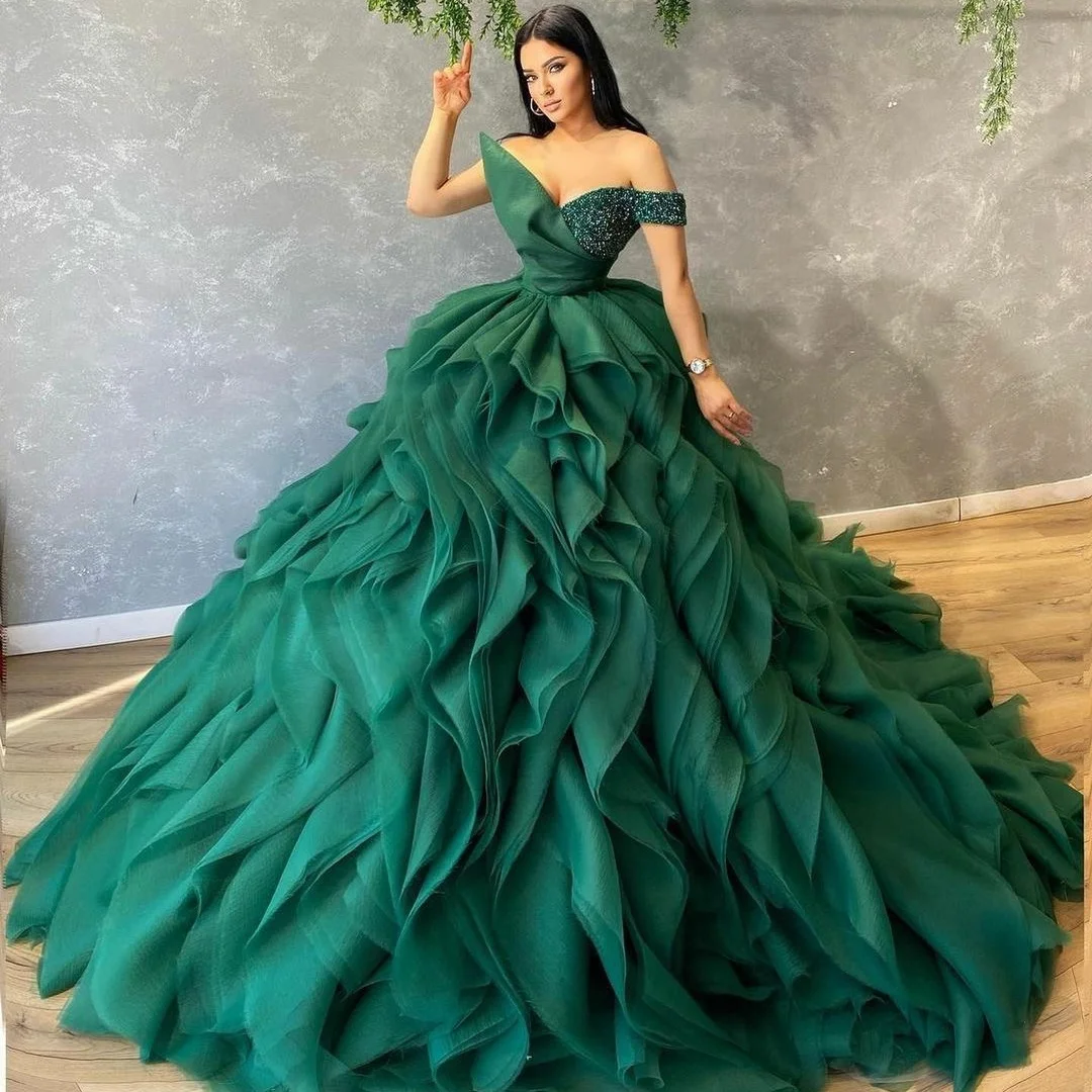 Dark Green Sequined Prom Dresses Off The Shoulder Ball Gown Ruffles Dubai Women Evening Gown Formal Party Dress
Dark Green Sequined Prom Dresses Off The Shoulder Ball Gown Ruffles Dubai Women Evening Gown Formal Party Dress