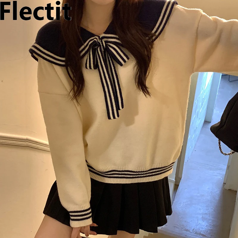 Flectit Sailor Collar Knit Jumper With Bow Tie Long Sleeve Soft Cozy Sweater Pullovers Women Autumn Winter
Flectit Sailor Collar Knit Jumper With Bow Tie Long Sleeve Soft Cozy Sweater Pullovers Women Autumn Winter