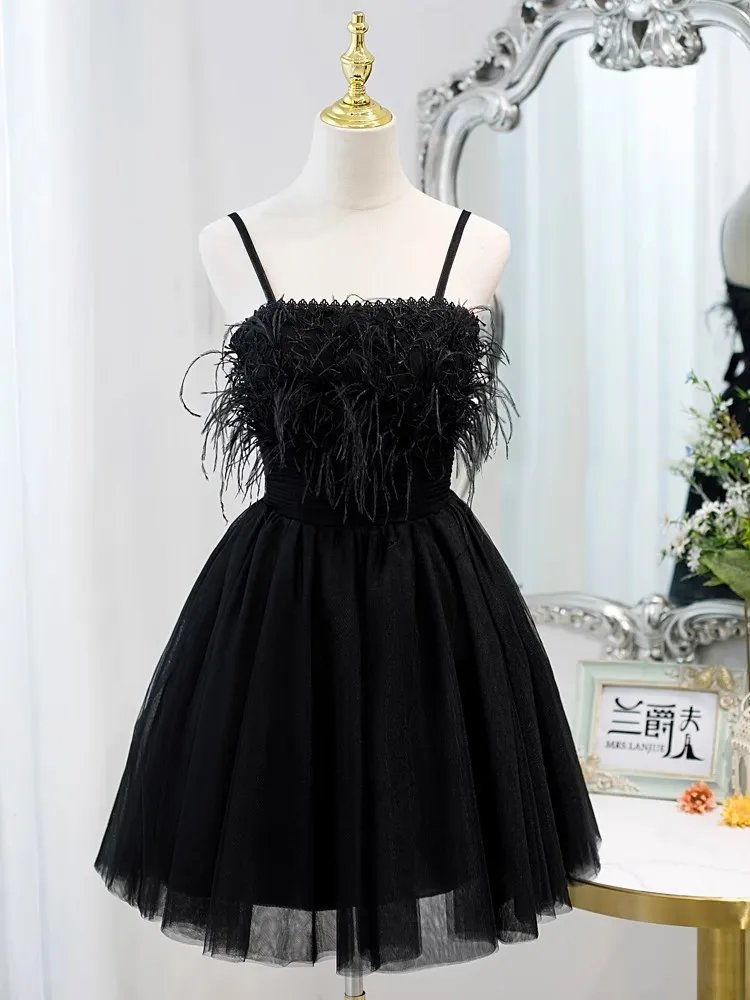 

Ashely Alsa Black Short Cocktail Dress Feather Tulle Women Prom Party Dresses Girl Homecoming Vestidos Para Eventos Especiales