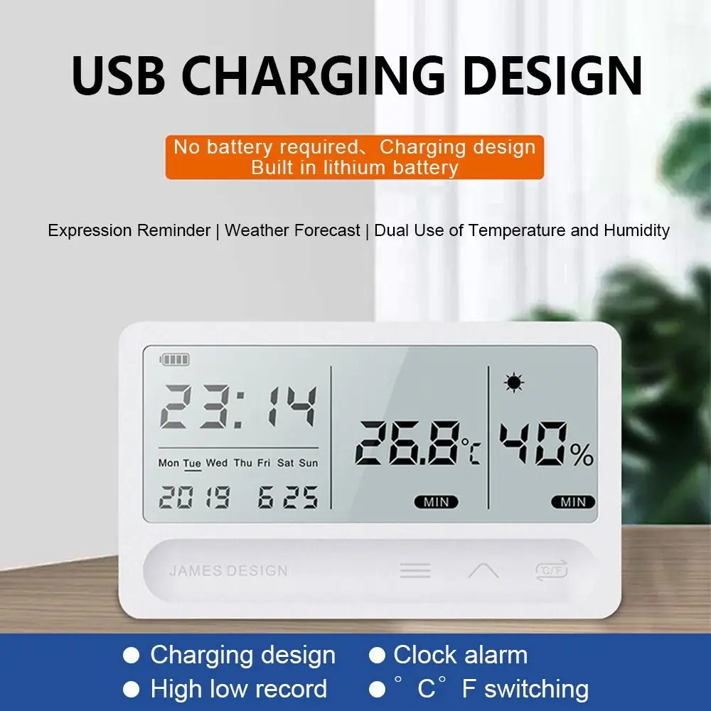 

High Precision USB Charging Electronic Thermometer Hygrometer Digital Thermo-Hygrometer LCD Display Desktop Alarm Clock