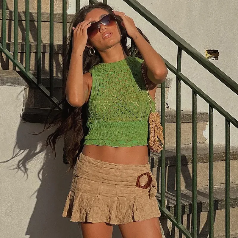 Винтажный летний кроп-топ Combhasaki в стиле Харадзюку Y2K, вязаный крючком Топ без рукавов, короткий приталенный жилет до пупка 
Винтажный летний кроп-топ Combhasaki в стиле Харадзюку Y2K, вязаный крючком Топ без рукавов, короткий приталенный жилет до пупка