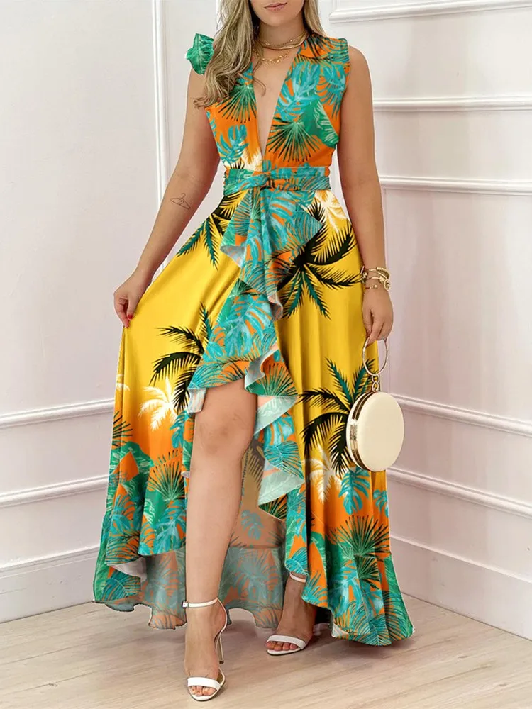 

Palm Tree Print Plunge High Slit Ruffles Maxi Dress Elegant Dresses for Women Robe Traf Women's Party Woman Summer 2022 Clothing