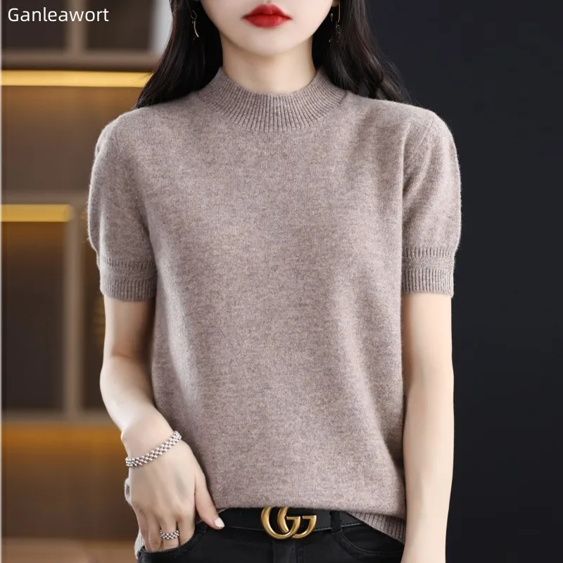 Spring Summer New Half High Neck Knitted Short Sleeve Women's Woolen Sweater Pullover Top Loose T-shirt Bottom Shirt Foreignness 
Spring Summer New Half High Neck Knitted Short Sleeve Women's Woolen Sweater Pullover Top Loose T-shirt Bottom Shirt Foreignness
