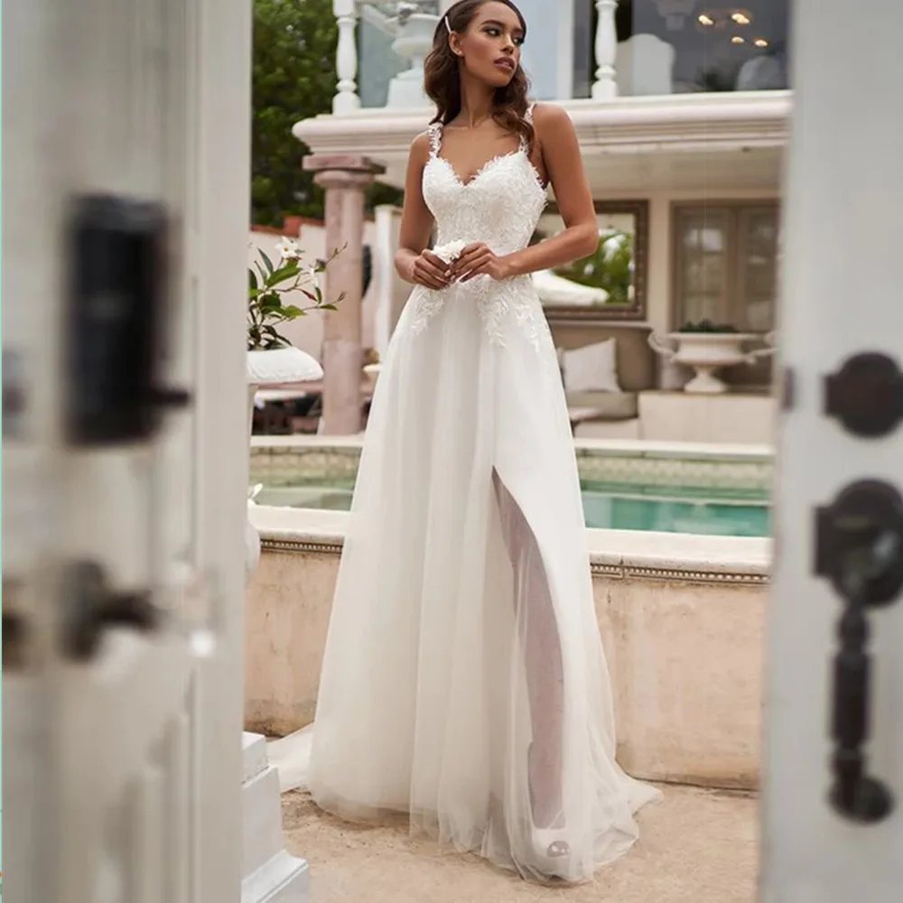 Elegant Tulle Wedding Dresses A-Line Simple Bridal Gowns Lace Appliques Sweetheart Straps Open Back Side Slit Vestido de Noiva
Elegant Tulle Wedding Dresses A-Line Simple Bridal Gowns Lace Appliques Sweetheart Straps Open Back Side Slit Vestido de Noiva