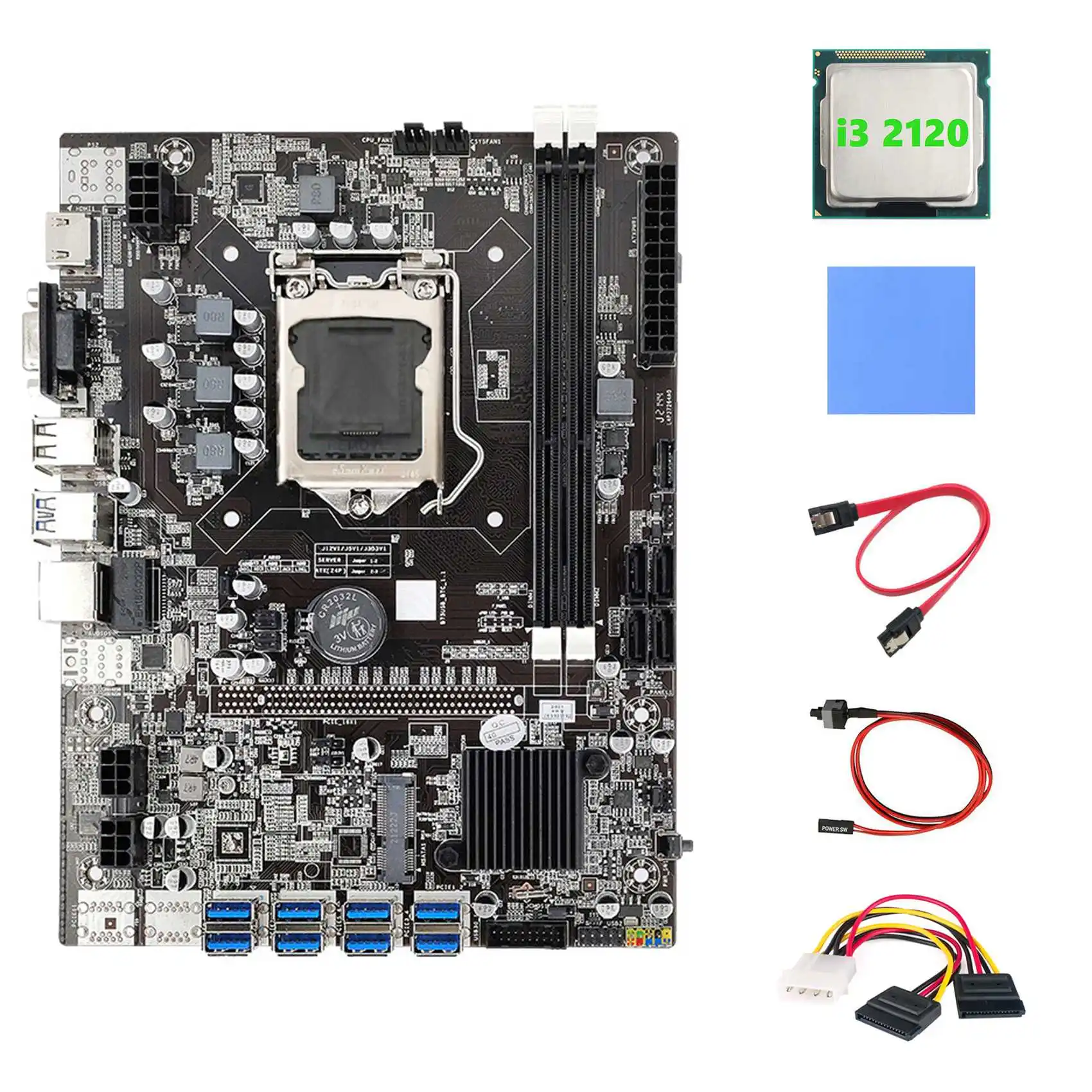 B75 BTC Miner Motherboard 8XPCIE to USB+I3 2120 CPU+4PIN to SATA Cable+SATA Cable+Switch Cable+Thermal Pad Motherboard
B75 BTC Miner Motherboard 8XPCIE to USB+I3 2120 CPU+4PIN to SATA Cable+SATA Cable+Switch Cable+Thermal Pad Motherboard