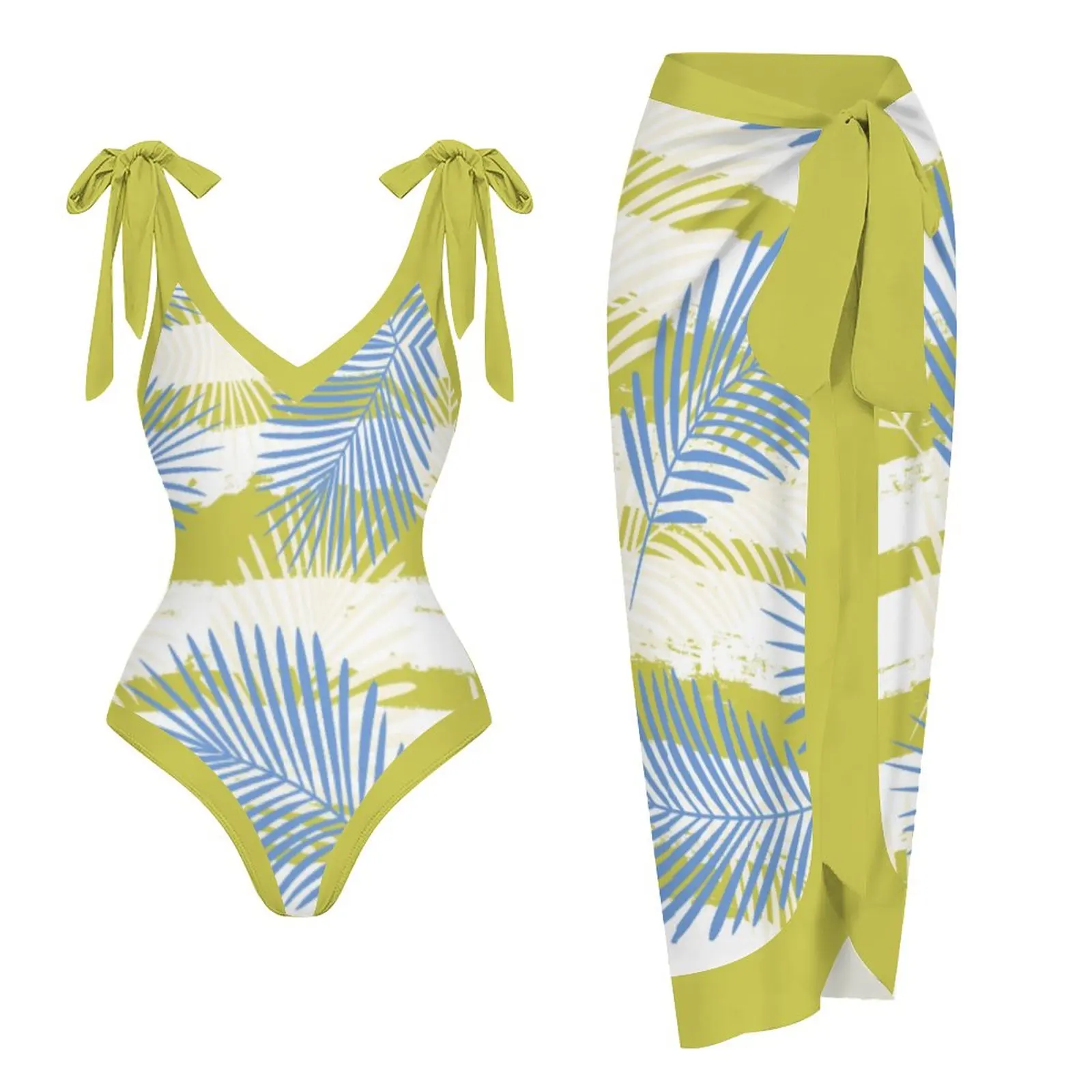 

Green Beach Palm Leaf Print Swimsuit Women 2023 Neck Halter Low Waist Micro Bikini Elegant Summer Beachwear Xxxl Two-Piece Cover