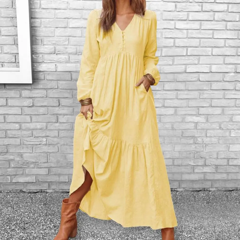 Chic Autumn Dress Ruffle Stitching Hem Lightweight Women V Neck Puff Long Maxi Dress Casual Dress Long Dress
Chic Autumn Dress Ruffle Stitching Hem Lightweight Women V Neck Puff Long Maxi Dress Casual Dress Long Dress