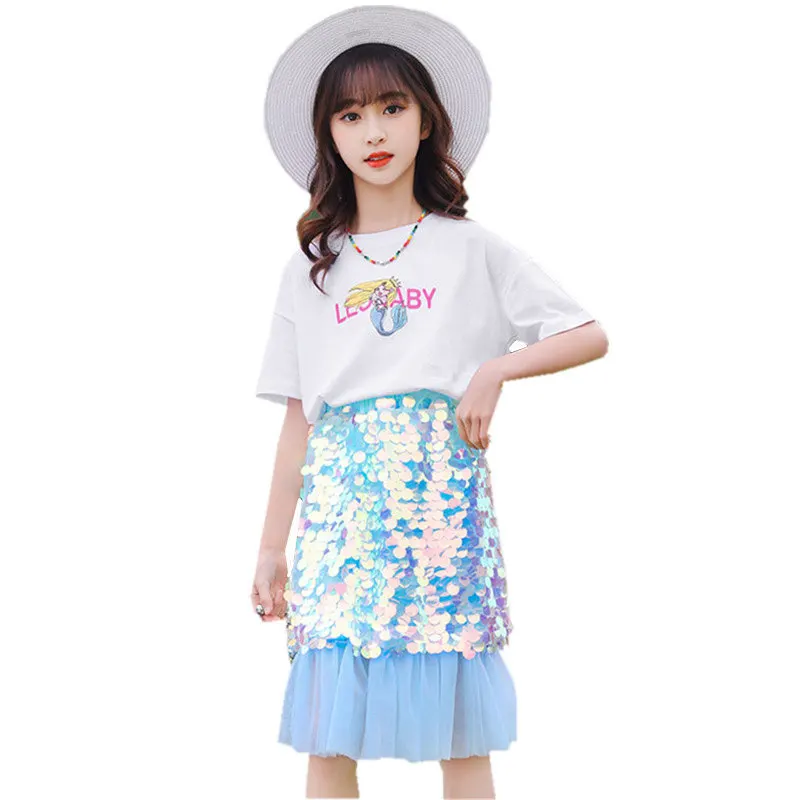 Korean Fashion Girls Clothing Sets Summer Short-Sleeve Cute Tshirts and Skirt with Sequined Fish Scale Two Pieces Kids Costumes
Korean Fashion Girls Clothing Sets Summer Short-Sleeve Cute Tshirts and Skirt with Sequined Fish Scale Two Pieces Kids Costumes