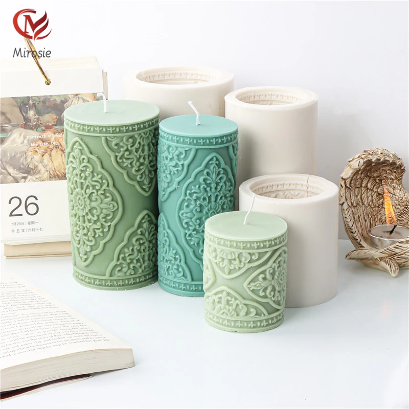 

Mirosie Nordic Style Cylindrical Pattern Candle Mold New Retro Embossed Lace Round Column Aromatherapy Plaster Silicone Mold