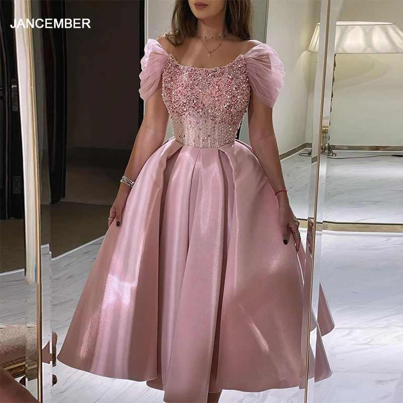 

SCZ138 Luxury Dubai Pink Arabic Evening Dress with Cape Turquoise Ankle Length Short Midi Women Wedding Party Dress
