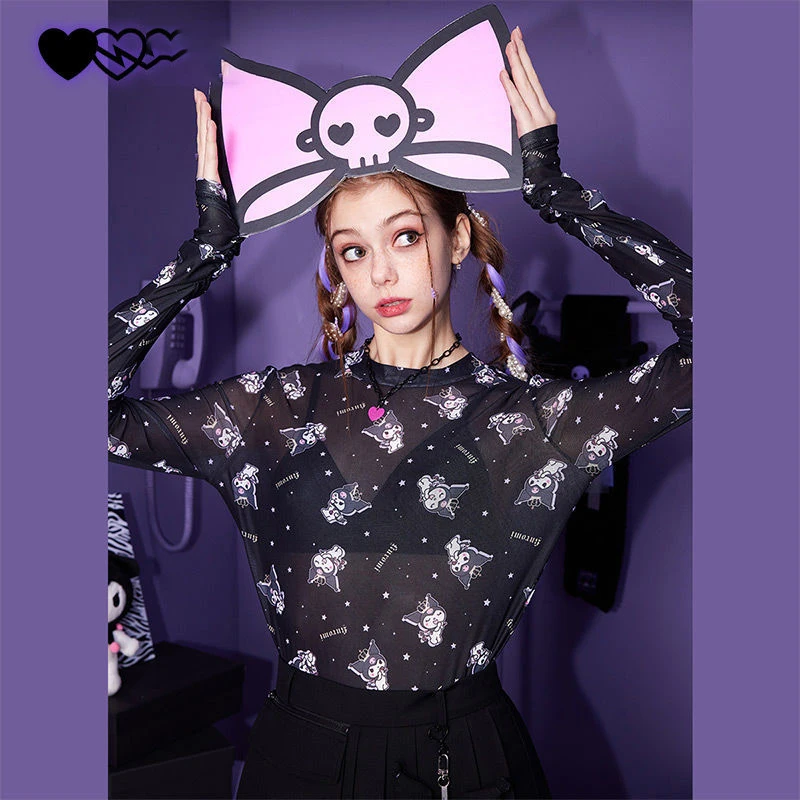 Kawaii Kuromi sunscreen long-sleeved Cartoon Sanrio mesh bottoming shirt women's long-sleeved slim hot girl trendy top Girl Gift
Kawaii Kuromi sunscreen long-sleeved Cartoon Sanrio mesh bottoming shirt women's long-sleeved slim hot girl trendy top Girl Gift
