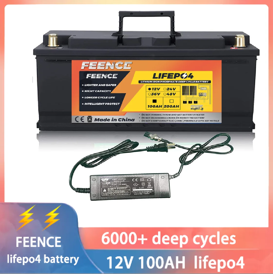 FEENCE 12V 100AH LiFePO4 Lithium Battery Built-in 100AH BMS 6000+Deep Cycles Backup Power for Golf cart Camper RV Energy Storage
FEENCE 12V 100AH LiFePO4 Lithium Battery Built-in 100AH BMS 6000+Deep Cycles Backup Power for Golf cart Camper RV Energy Storage