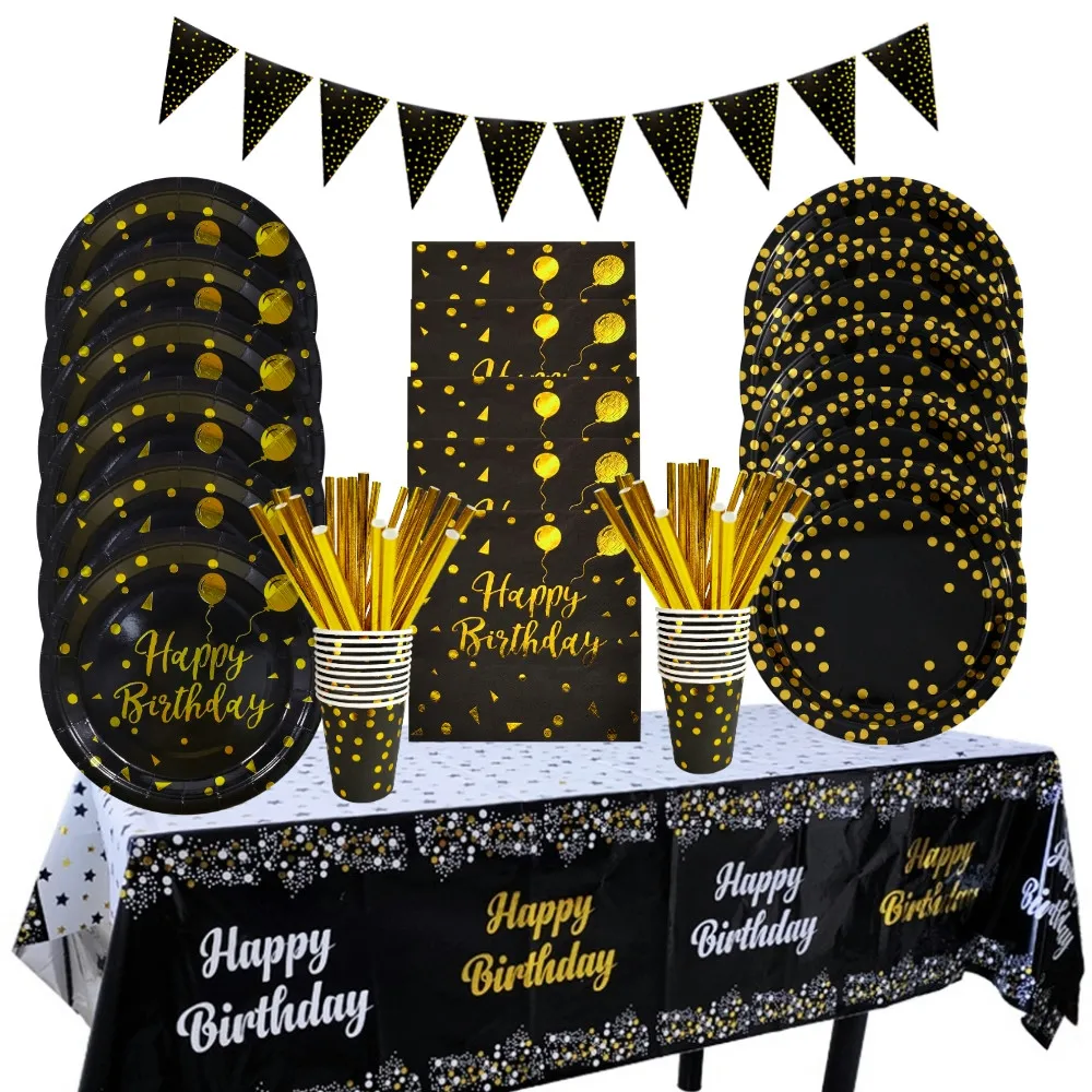 Black Gold Paper Plate Cup Napkin Balloon Birthday Disposable Tableware Set Happy Birthday Party Supplies for Adult Home Decor
Black Gold Paper Plate Cup Napkin Balloon Birthday Disposable Tableware Set Happy Birthday Party Supplies for Adult Home Decor