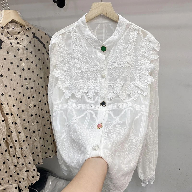 Women Lace Hollow Splice Blouses Sweet Mujer Camisa Luxurious Ruffles Fashion Royal Court Palace Ulzzang Shirts Lady Tops
Women Lace Hollow Splice Blouses Sweet Mujer Camisa Luxurious Ruffles Fashion Royal Court Palace Ulzzang Shirts Lady Tops
