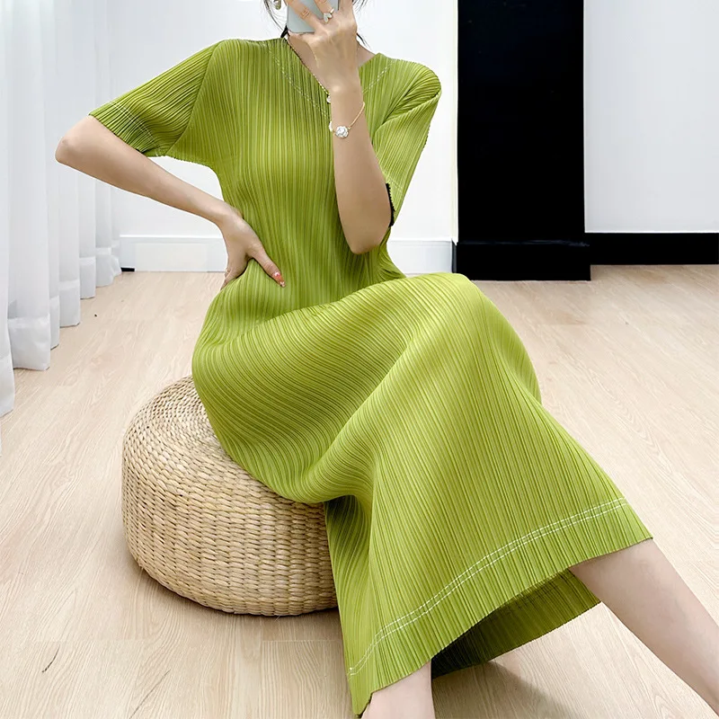 

Miyake Women's Skirt 2023 Summer New High-End Pleated Casual Simple Graceful Short Sleeve O Neck Slimming Luxury Evening Dresses