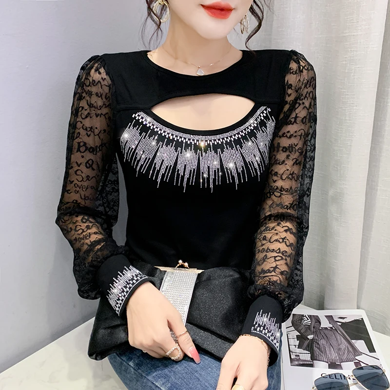 Spring Fall European Clothes Cotton T-Shirt Chic O-Neck Patchwork Hollow Out Sexy Diamonds Women's Tops Long Sleeve Lace Tees
Spring Fall European Clothes Cotton T-Shirt Chic O-Neck Patchwork Hollow Out Sexy Diamonds Women's Tops Long Sleeve Lace Tees