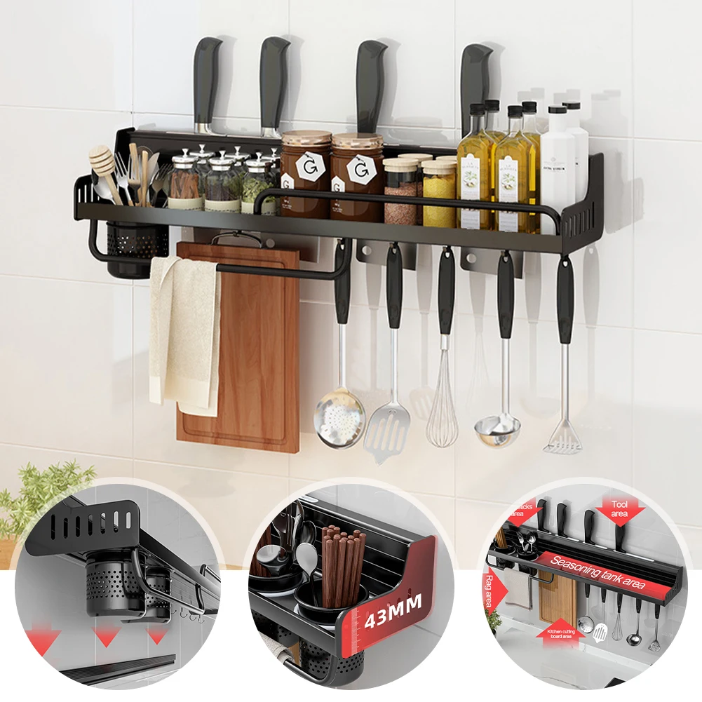 Kitchen Storage Shelf Wall-mounted Spice Racks Set Space Aluminum Multifunctional Punch-free Kitchen Shelf Storage Organizer 
Kitchen Storage Shelf Wall-mounted Spice Racks Set Space Aluminum Multifunctional Punch-free Kitchen Shelf Storage Organizer