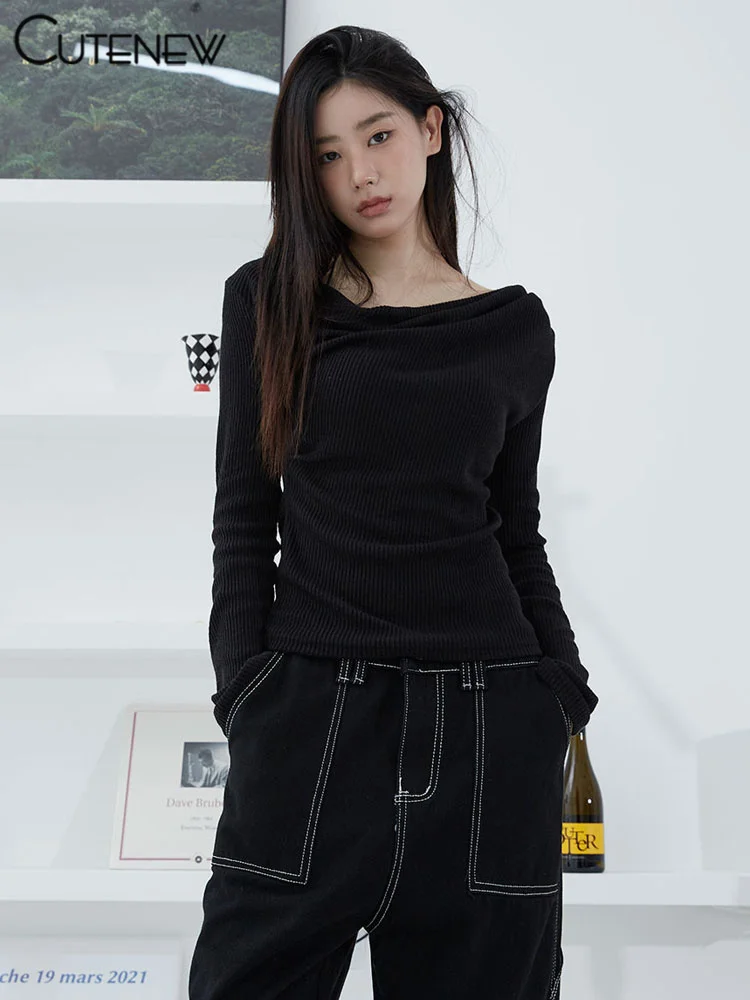 

Новая женская черная приталенная рубашка Cutenew с открытыми плечами, универсальная Повседневная Базовая уличная одежда, осенняя новая облегающая футболка с длинными рукавами 2022