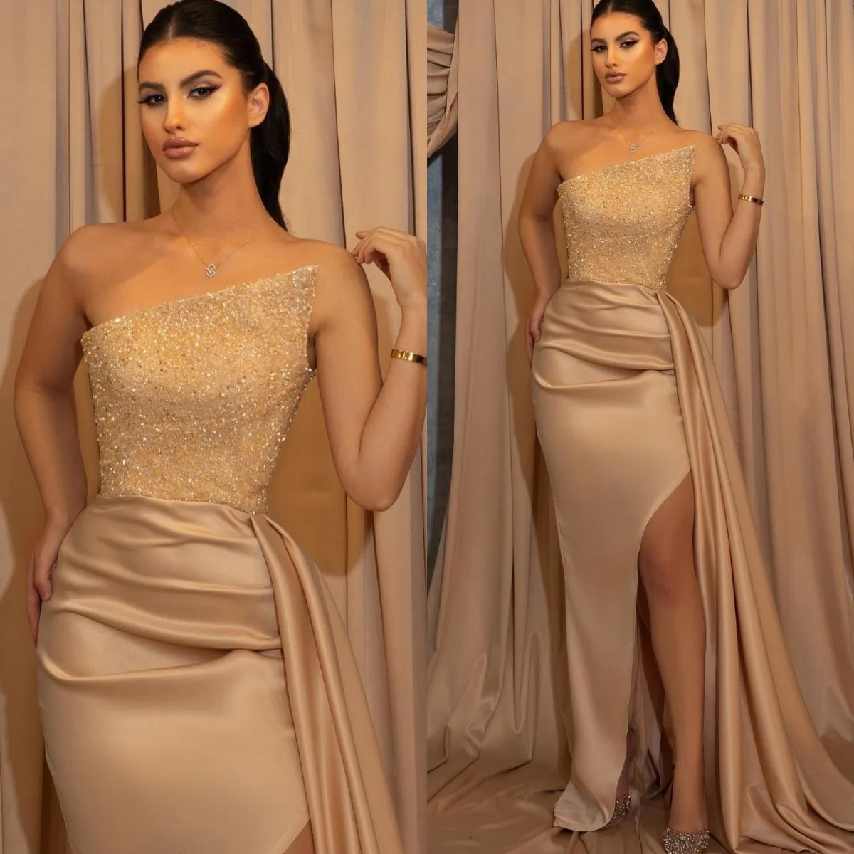 Shiny Champagne Prom Dresses Irregular Neck Sequins Sexy Sleeveless Evening Dresses with Side Split Formal Party Celebrity Gowns 
Shiny Champagne Prom Dresses Irregular Neck Sequins Sexy Sleeveless Evening Dresses with Side Split Formal Party Celebrity Gowns