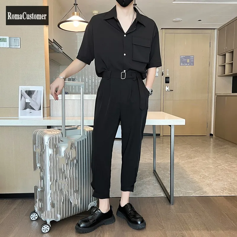 Summer Fashion Casual Sports Two Piece Set Mens New Sashes Tops Trend Short Sleeve Handsome Shirt All-Match Pants Male Sets
Summer Fashion Casual Sports Two Piece Set Mens New Sashes Tops Trend Short Sleeve Handsome Shirt All-Match Pants Male Sets