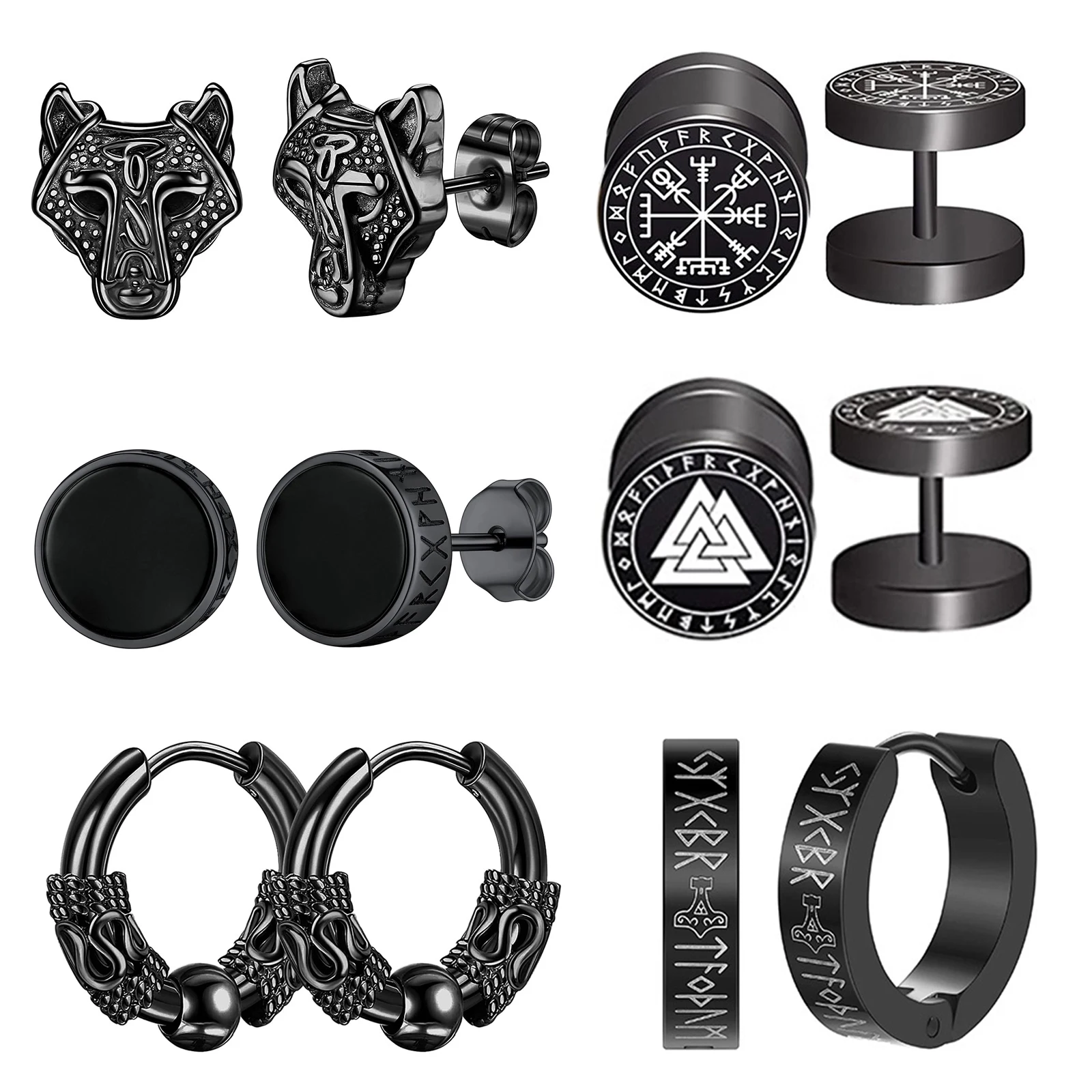 

Boniskiss 6 Pairs Norse Viking Runes Hoop Earrings Stainless Steel Black Fake Plugs for Boys Men Women Piercing Ear Stud Jewelry