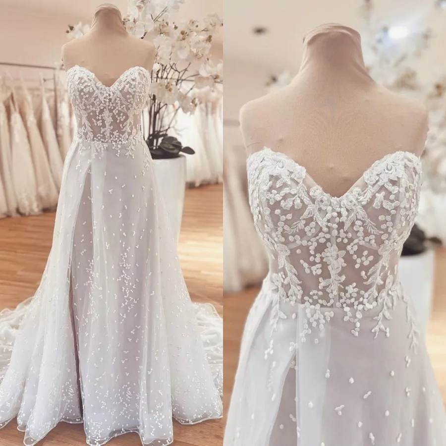 Customized Pastrol Wedding Dress 2023 A-Line Sweetheart Split Unique Lace Wedding Dresses for Women
Customized Pastrol Wedding Dress 2023 A-Line Sweetheart Split Unique Lace Wedding Dresses for Women
