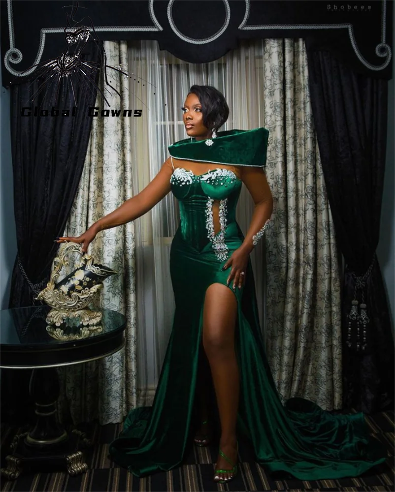 

Aso Ebi, Африканское зеленое вечернее платье с высоким воротником, сверкающие бусины, Аппликации, платье для дня рождения, длинные платья с Бок...
