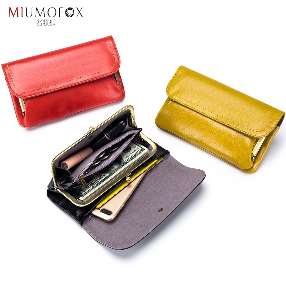 

Oil Wax Leather Long Wallet Large Capacity Retro Kisslock Holding Clutches Money Wallets Multi-function Mobile Phone Storage Bag