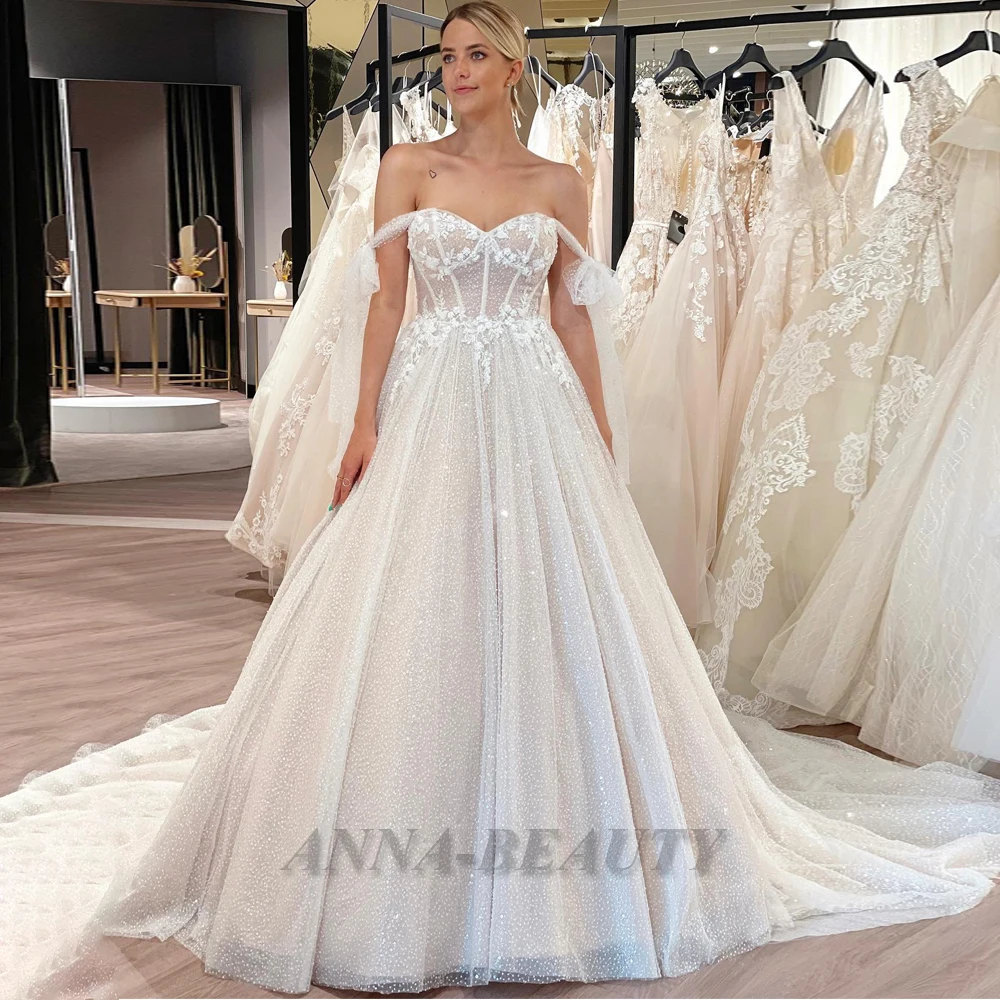 

Anna Princess Bling A-Line Wedding Dress for Bride Sweetheart Off The Shoulder Appliques Lacing Up Vestidos De Novia Brautmode