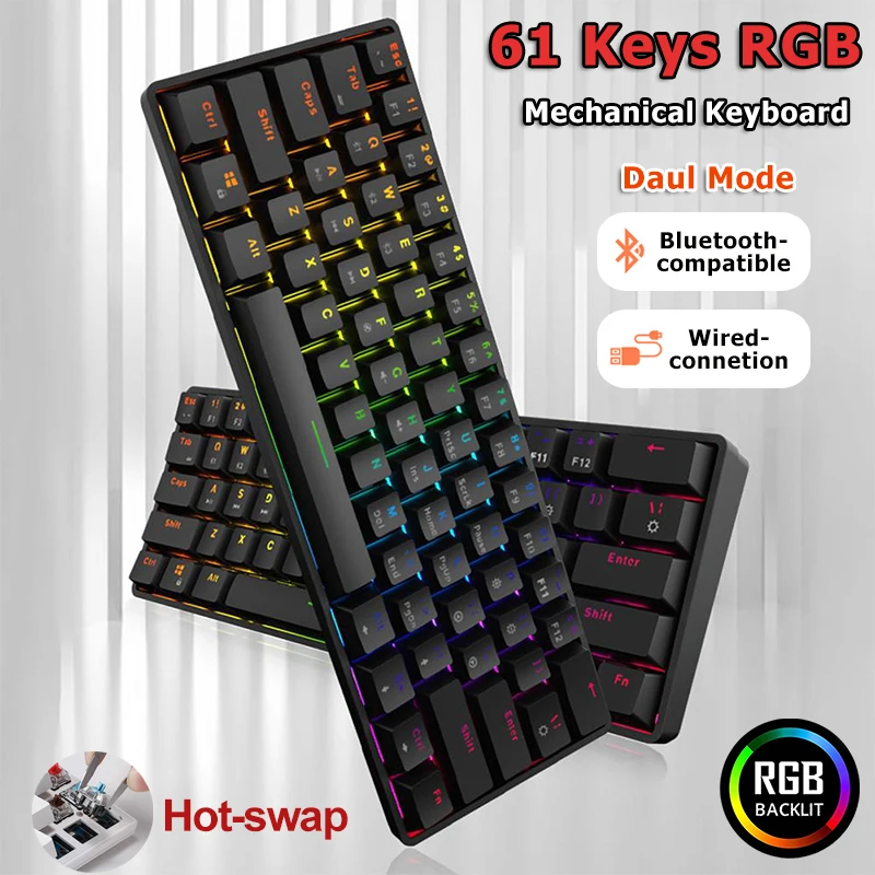 

K620 Mini Gaming Mechanical Keyboard 61 Keys RGB Hotswap Type-C Wired Gaming Keyboard PBT Keycaps 60% Ergonomics Keyboards BT5.0